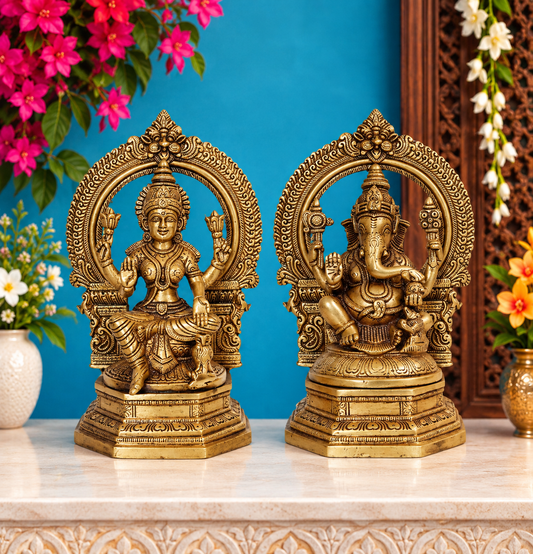 Brassaura® Brass Laxmi Ganesh Statue – Height 9.5 Inches | Weight: 6.4 Kgs
