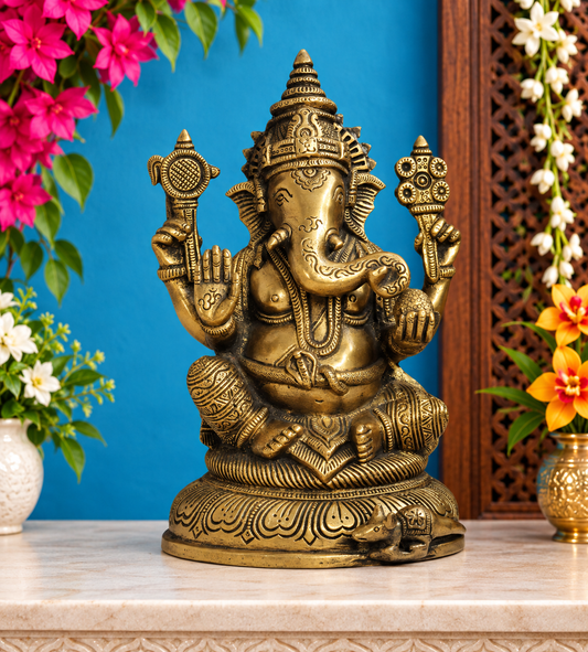 Brassaura® Sitting Ganesha Brass Idol | Traditional Handcrafted Design with Fine Detailing | Height 8 Inches