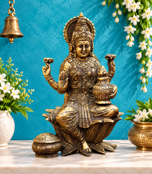 Brassaura™ Handcrafted Brass Laxmi Idol – Height 7 Inches & Weight 1.7 Kgs | Devotional Statue