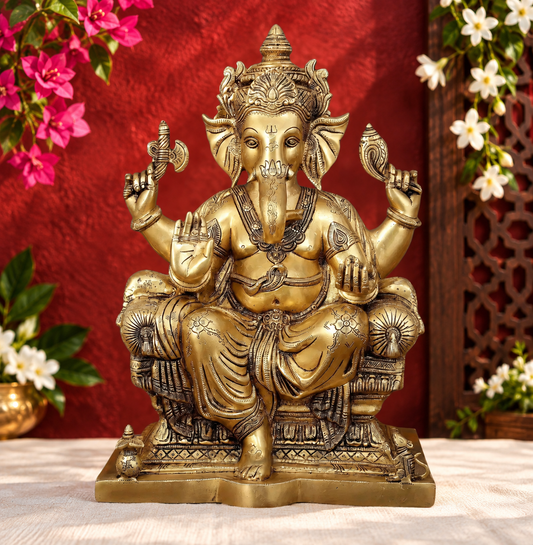 Brassaura® Lord Ganesha Sitting on Sinhasan | Superfine Brass Idol | Height 18 Inches
