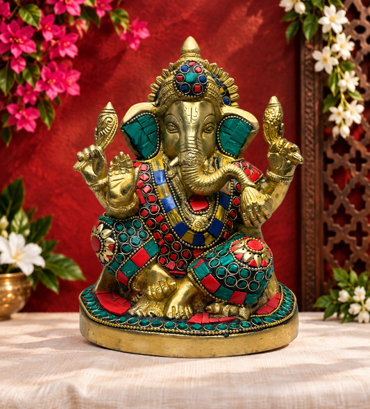 ब्रासौर रत्न-जड़ित पीतल की गणेश मूर्ति घर और मंदिर की सजावट के लिए | ऊंचाई 8.3 इंच