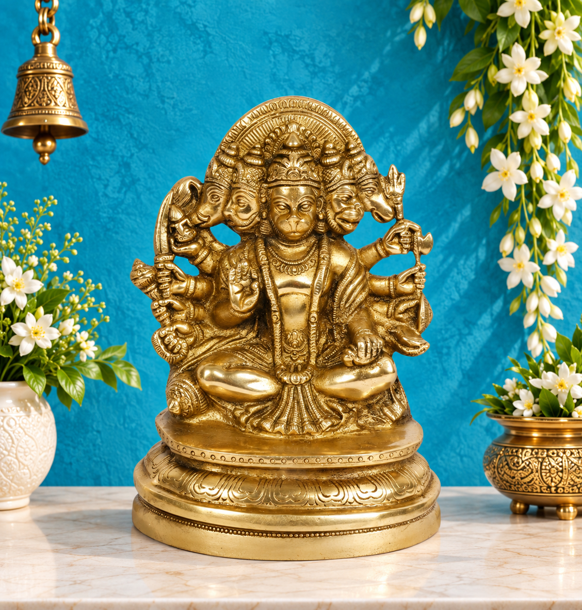Brassaura® Brass Panchmukhi Hanuman Idol for Pooja Room – Height 8 Inches | Classic Décor