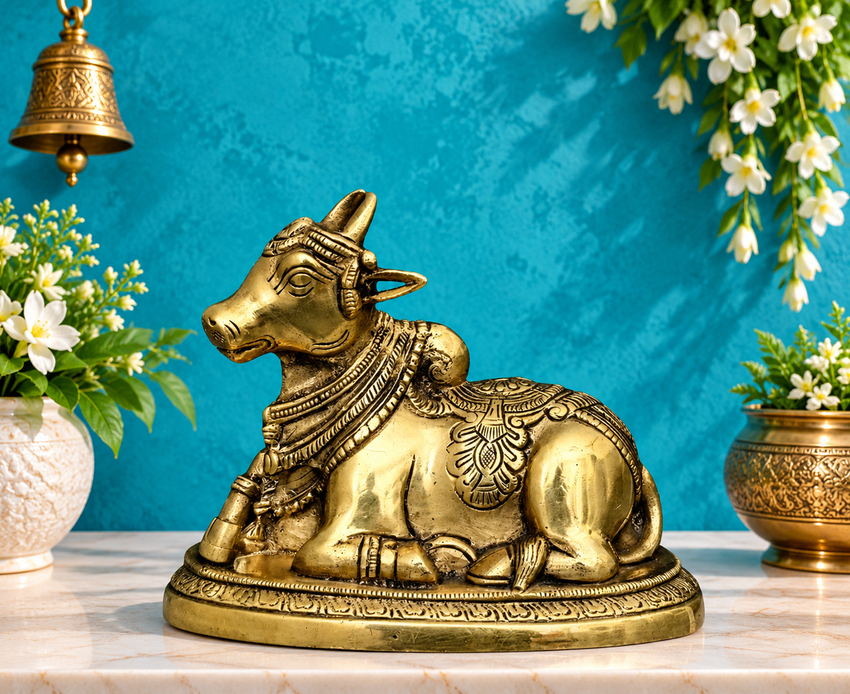 Brassaura® Superfine Brass Nandi Statue | Sacred Guardian of Lord Shiva | Height 4.5 Inches & Weight 1.46 Kgs