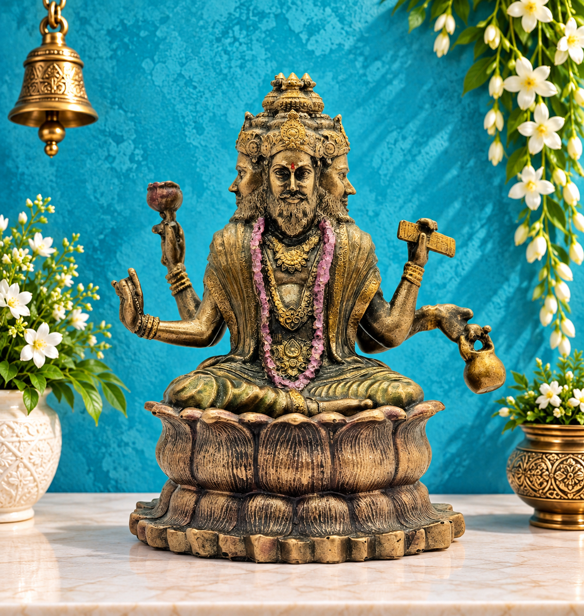 Brassaura® Resin Brahm Dev Statue – Height 5 Inches & Weight 0.355 Kgs | Handcrafted Creator Deity Idol for Temple Décor
