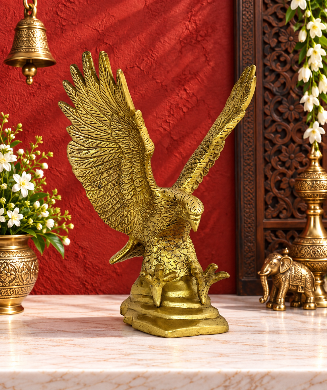 Brassaura® Brass Golden Garuda Eagle Showpiece | Handcrafted Decorative Sculpture | Height 9 Inches & Weight 2.1 Kgs