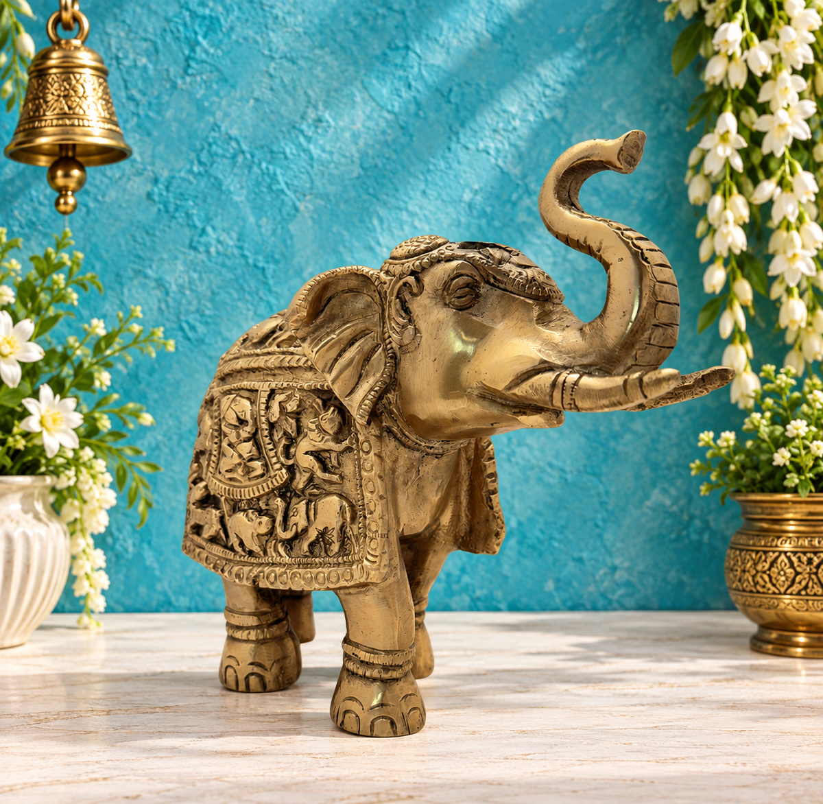 Brassaura® Brass Elephant Statue | Handcrafted Decorative Showpiece | Height 9.8 Inches & Weight 3 Kgs