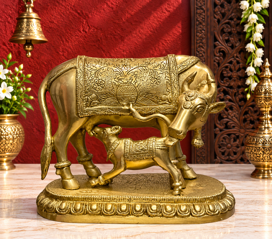 ब्रासुरम™ पीतल कामधेनु गाय और बछड़े की मूर्ति – ऊंचाई 10 इंच और वज़न 4.25 किलोग्राम | घर के मंदिर और आध्यात्मिक सज्जा के लिए