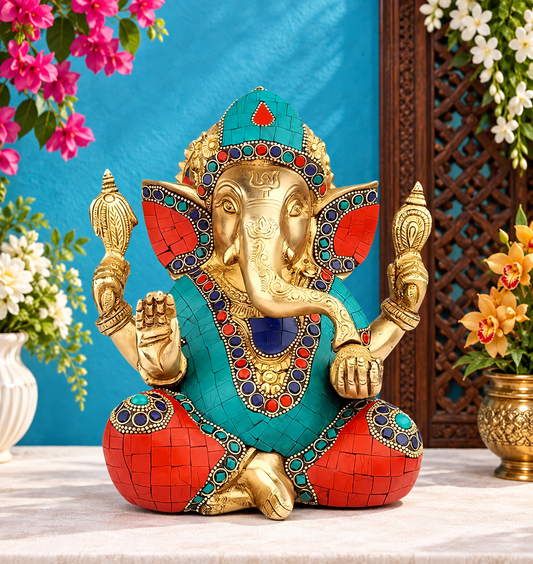 Brassaura™ Brass Gem Stone Work Ganesha Murti – Height 5.9 inches & Weight 1.6 kgs | Ganpati Idol for Home & Pooja Room