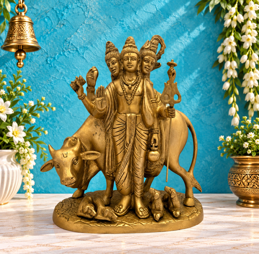 Brassaura® Brass Golden Dattareya Murti for Home and Decor Height 12 Inches | Weight: 6.9 kg