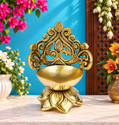 Brassaura® Brass Ethnic Carved Floral Design Diya | Pure Superfine Brass Handcrafted Murti | Brass Statue for Home Temple, Pooja Room | Height 5 Inches | Weight 0.65 Kgs