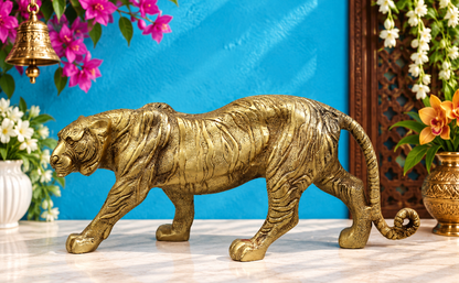 Brassaura® Brass Tiger Statue | Majestic Walking Tiger Figurine with Intricate Detailing | Premium Brass Animal Sculpture for Home Décor, Office, Vastu & Gifting | 13 Inches | 3.7 Kg