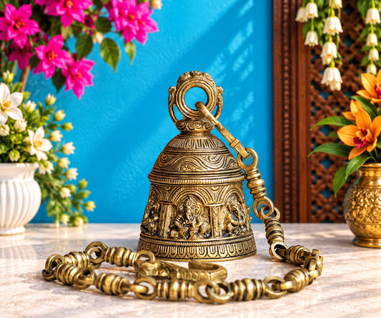 Brassaura® Brass Ganesha Temple Bell with Chain | Traditional Handcrafted Hanging Ghanti | Height 6 Inches & Weight 1.95 Kgs