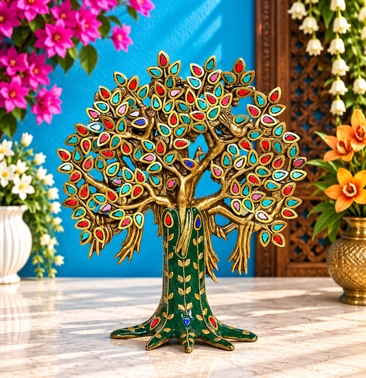 Brassaura® Brass Kalpavriksha Tree Statue | Height 10 Inches | Multicolor Stonework Wish Fulfilling Tree Showpiece