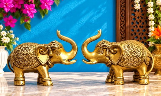 ब्रासोरा® सजावटी पीतल के हाथियों का जोड़ा | शुद्ध पीतल | ऊंचाई 4.5 इंच और वज़न 2.57 किग्रा