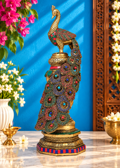 Brassaura® Decorative Brass Peacock on Pillar with Inlay Work | Pure Brass | Height 20 Inches & Weight 8.34 kgs