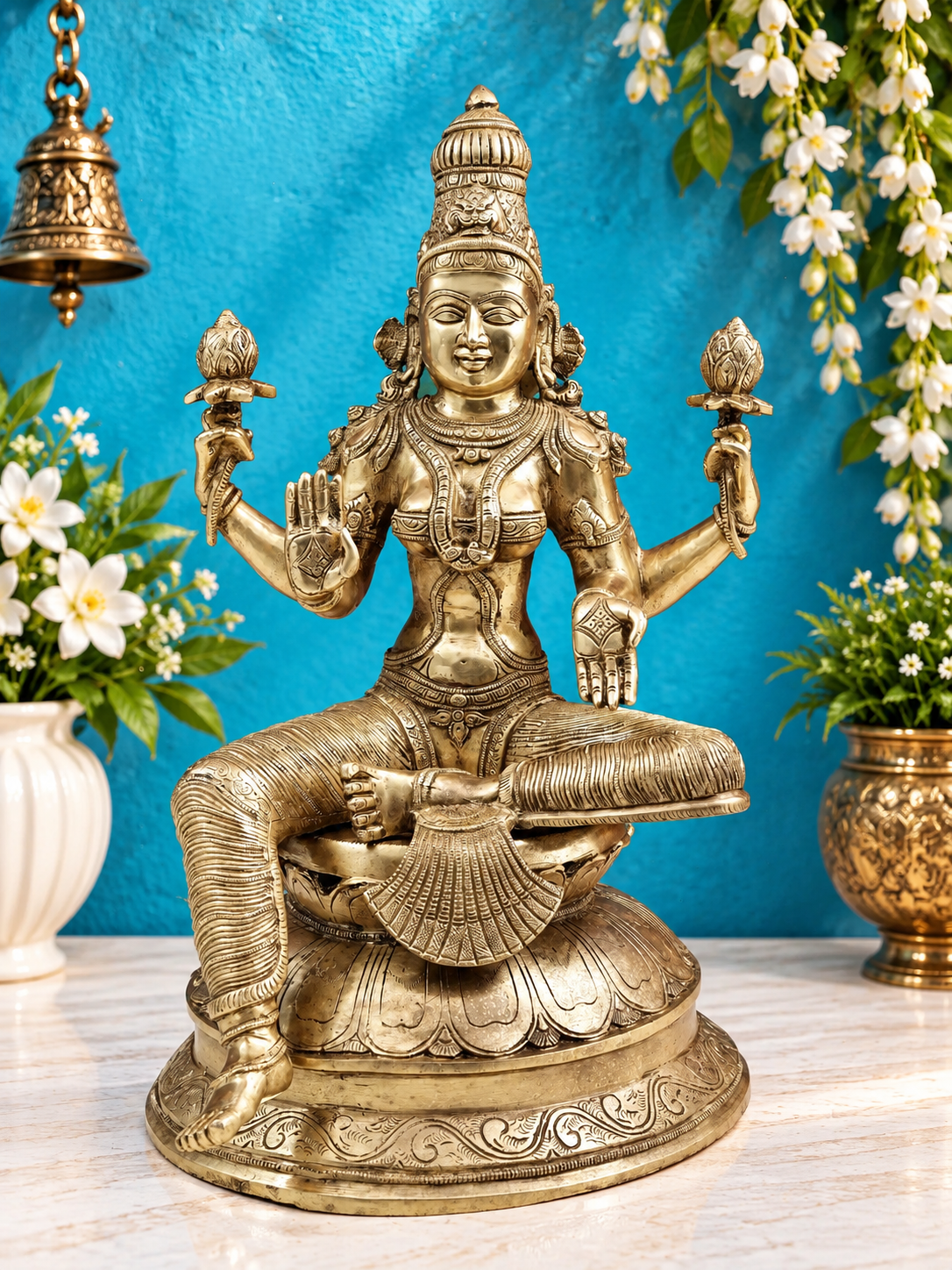 Brassaura® बड़ी पीतल देवी लक्ष्मी प्रतिमा | 23.43 इंच | 25.57 किलोग्राम