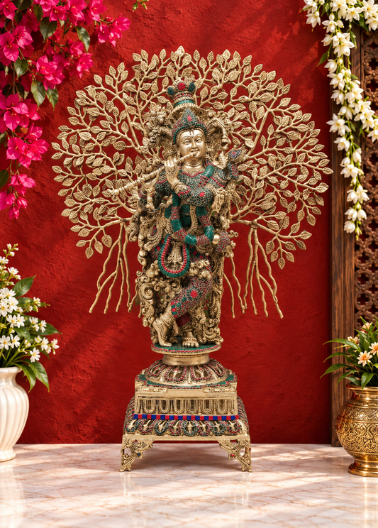 Brassaura® Brass Tree Krishna Statue with Inlay Work | Height 36.02 Inches & Weight 29.38 kg
