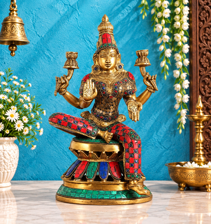 ब्रैसौरा™ कलात्मक पीतल रत्न जड़ित लक्ष्मी प्रतिमा - ऊंचाई 12 इंच और वज़न 4.5 किलोग्राम | आध्यात्मिक हिंदू प्रतिमा