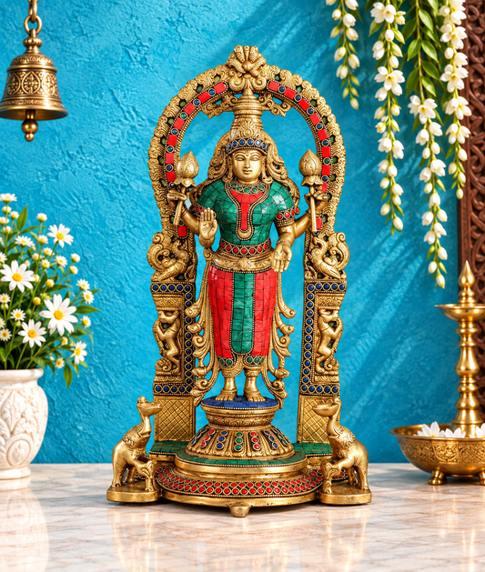 Brassaura™ Elegant Brass Gem Stone Work Laxmi Idol – Height 10.5 Inches & Weight 6 Kgs | Home & Temple Décor