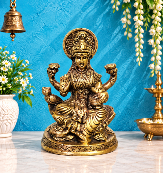 Brassaura™ Brass Laxmi Murti – Height 5.5 Inches & Weight 0.86 Kgs | Hindu Goddess Idol