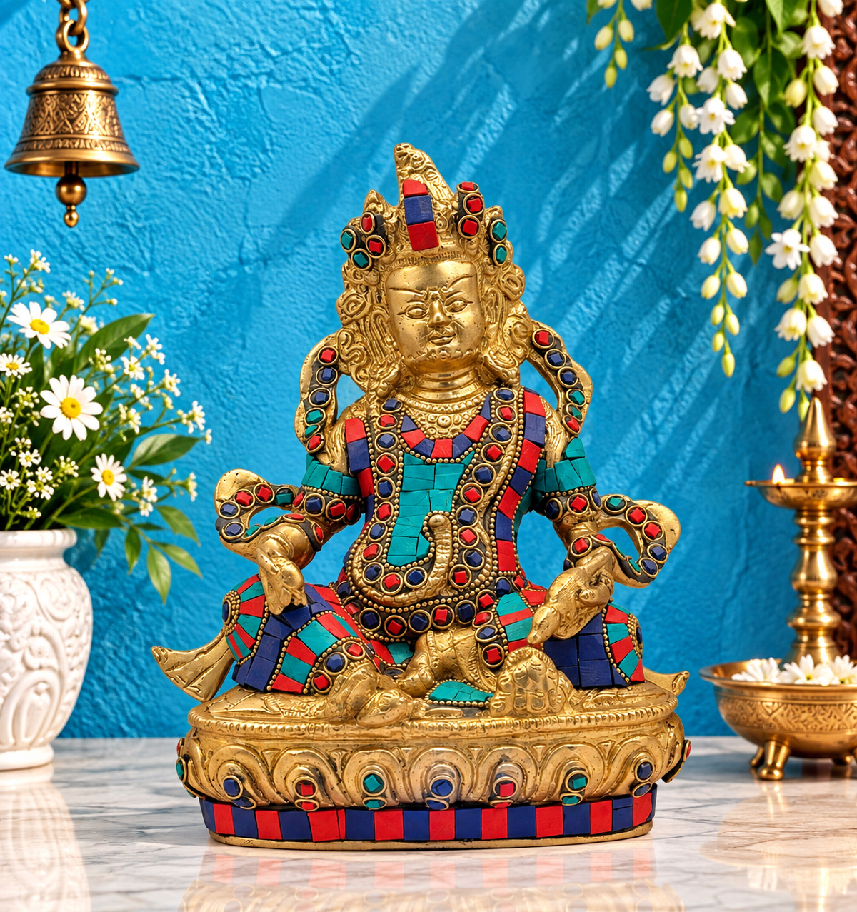 Brassaura® Brass Gem Stone Work Kuber Idol – Height 12 Inches  | Meditation & Worship Space Accent