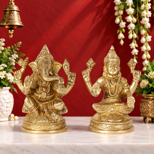 Brassaura® Brass Lakshmi Ganesha Idol Set | Divine Prosperity & Wisdom Murti Weight: 1.5 Kgs| Height 4 Inches