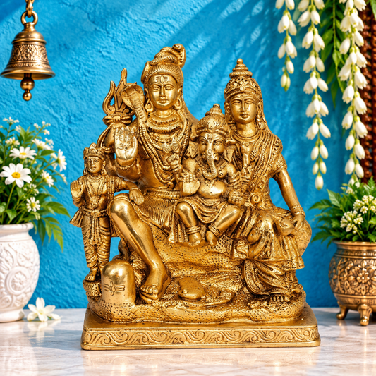 Brassaura® Brass Shiv Parivar Statue with Traditional Golden Finish | Pure Superfine Brass Handcrafted Murti | Brass Statue for Home Temple, Pooja Room | Height 8 Inches | Weight 4 Kgs