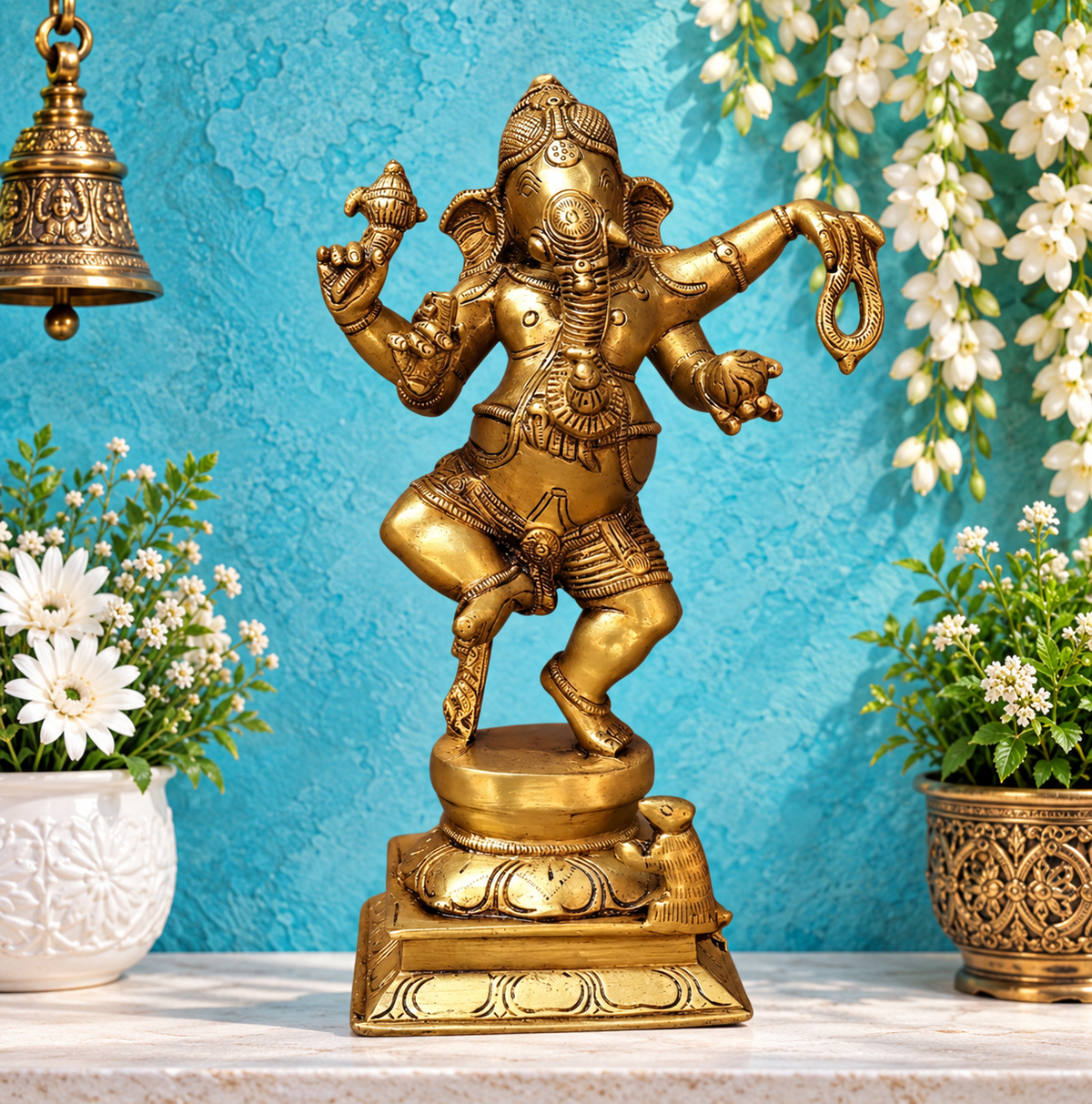 Brassaura® नृत्य करते हुए भगवान गणेश की पीतल की मूर्ति | शुद्ध पीतल | ऊंचाई 8.5 इंच