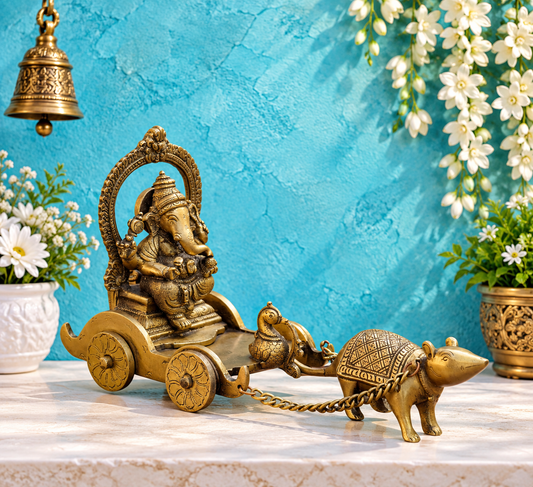 Brassaura® Lord Ganesha in Mushak Chariot Brass Idol | Pure Brass | Height 7 Inches & Weight 2.2 kgs
