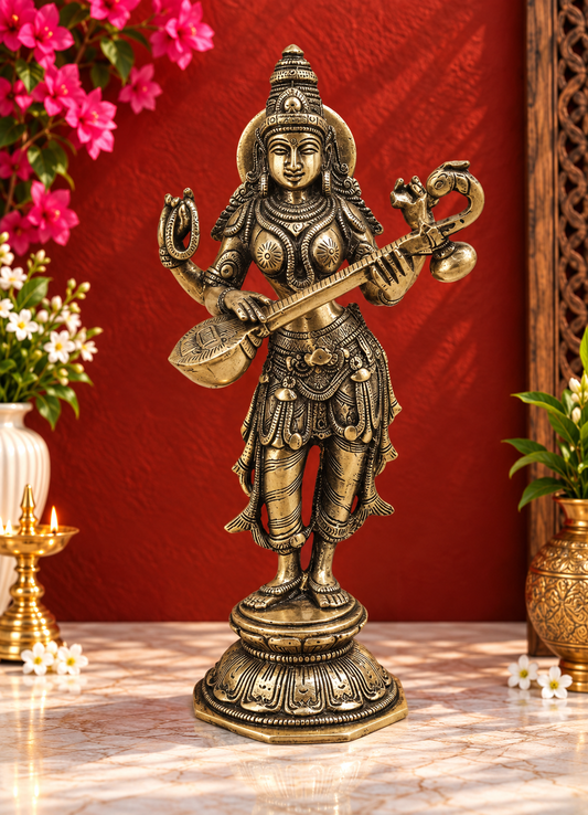 Brassaura® Saraswati Standing Veena Idol with Antique Silver Finish | Pure Superfine Brass Handcrafted Murti | Brass Statue for Home Temple, Pooja Room | Height 10 Inches | Weight 1.94 Kgs