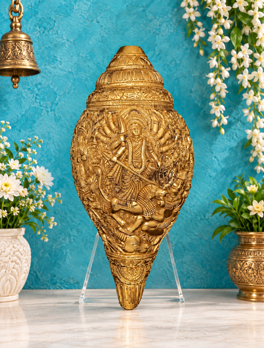 Brassaura® Durga Shankh Sculptural Idol with Gold-Toned Finish | Pure Superfine Brass Handcrafted Murti | Brass Statue for Home Temple, Pooja Room | Height 4.53 Inches | Weight 2 Kgs