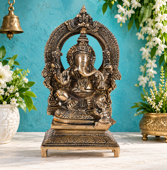 Brassaura® Prabhavali Seated Ganesha Brass Idol | Ornate Arch Design | Height 7.5 Inches