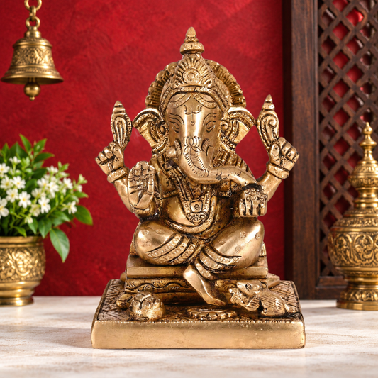 Brassaura® Chaturbhuj Ganesha Brass Idol | Four-Armed Divine Form | Height 5 Inches