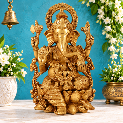 Brassaura® Siddhi Vinayak Ganesha Brass Idol | Grand Seated Form with Ornate Detailing | Height 12.5 Inches