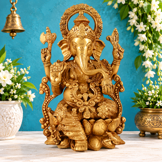 Brassaura® Siddhi Vinayak Ganesha Brass Idol | Grand Seated Form with Ornate Detailing | Height 12.5 Inches
