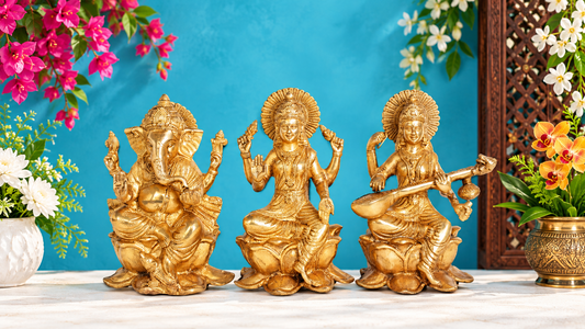 Brassaura™ ब्रास लक्ष्मी गणेश सरस्वती मूर्ति - ऊंचाई 4 इंच और वज़न 10.36 किलोग्राम | घर और मंदिर की मूर्ति
