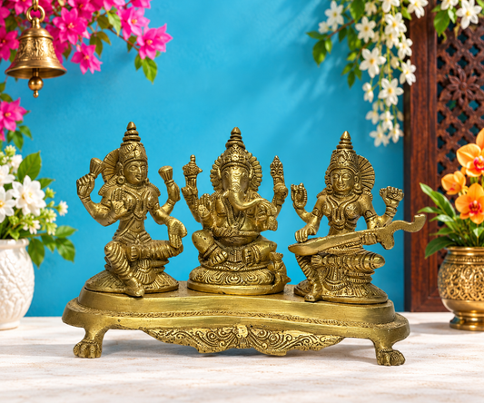Brassaura® Lakshmi Ganesha Saraswati Idol | Pure Superfine Brass Handcrafted Murti | Brass Statue for Home Temple, Pooja Room | Height 8 Inches | Weight 3.1 Kgs
