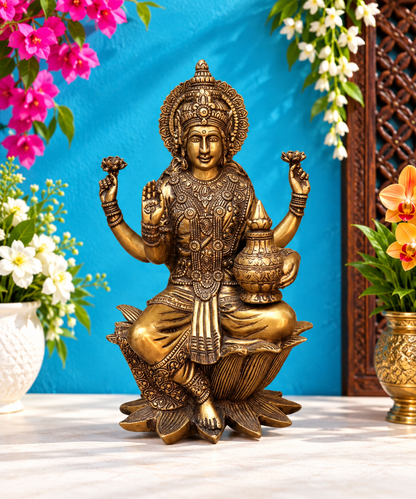 Brassaura™ Traditional Brass Laxmi Idol – Height 12 Inches & Weight 5.5 Kgs | Hindu Devotional Murti