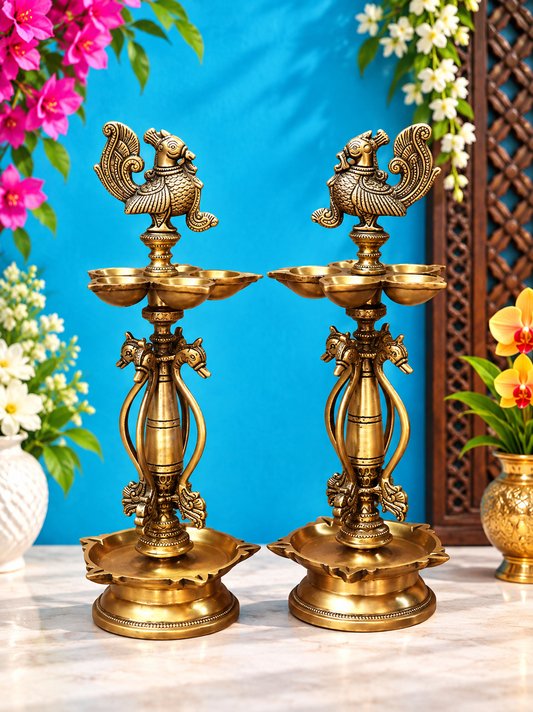 Brassaura® Pair of Peacock Brass Diyas (Nilavilakku) | Pure Superfine Brass Handcrafted Murti | Brass Statue for Home Temple, Pooja Room | Height 14 Inches | Weight 6 Kgs