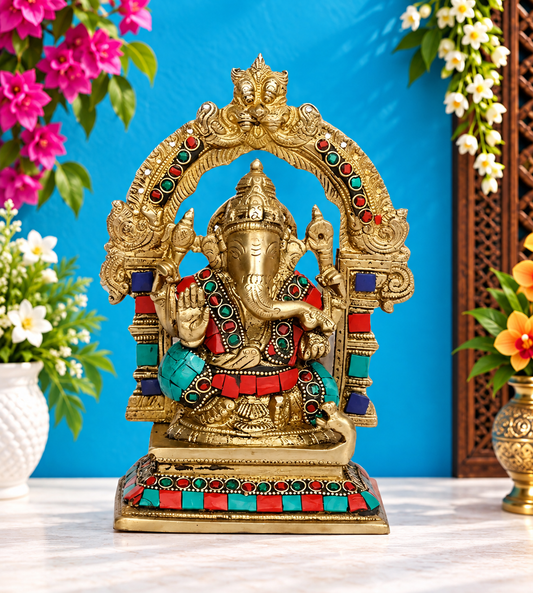 ब्रेसौरा रत्नजड़ित पीतल की बैठी हुई गणेश प्रतिमा, घर और मंदिर की सजावट के लिए | ऊंचाई 8.2 इंच