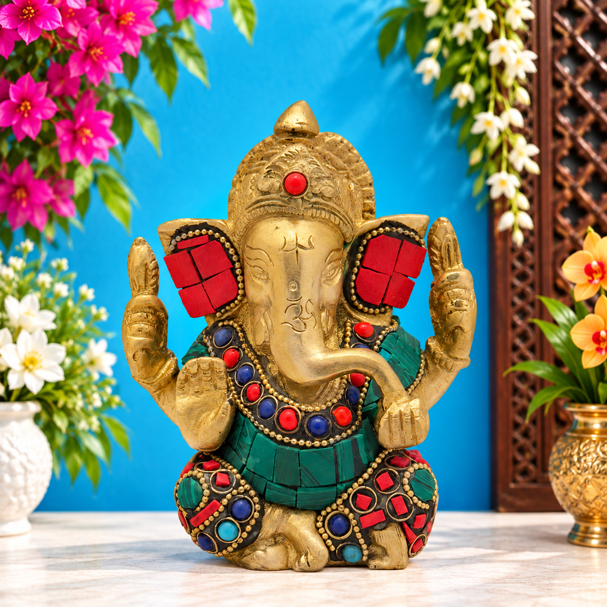 Brassaura Brass Gem Stone Work Appu Ganesha Statue for Home Decor  Height 16 cm