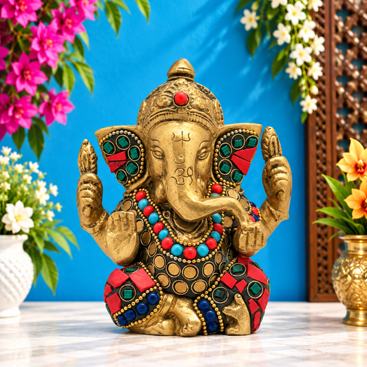 ब्रासौर ब्रास जेम स्टोन वर्क अप्पू गणेश प्रतिमा गृह सज्जा के लिए, ऊँचाई 16 से.मी.