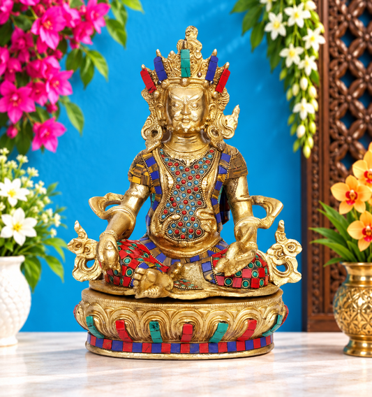 Brassaura® Brass Gem Stone Work Kuber Idol – Height 14 Inches | Religious & Cultural Décor
