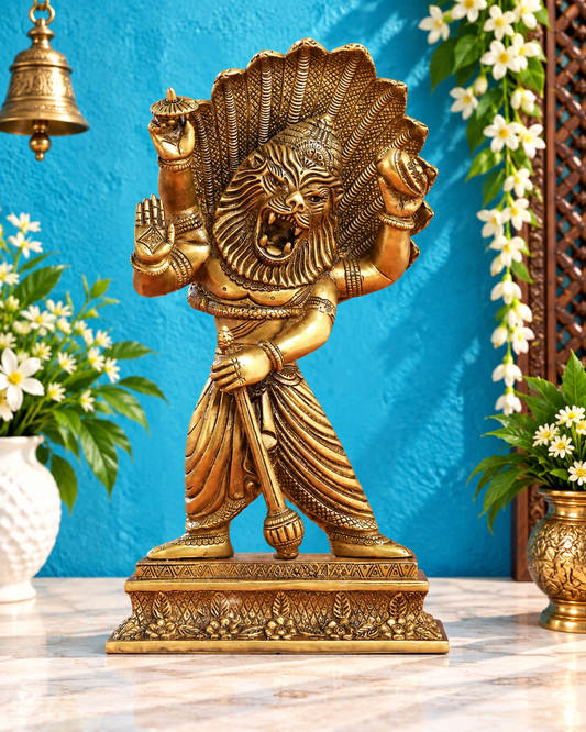 Brassaura® Narasimha Brass Statue | Golden Brass Finish | Height 11.5 Inches