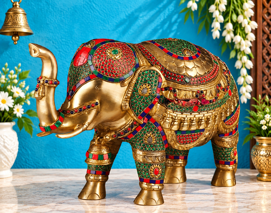 Brassaura® Brass Elephant Décor with Stonework | Handcrafted Meenakari Art Showpiece | Height 14 Inches & Weight 17 Kgs