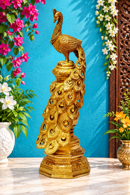 Brassaura® Brass Peacock Décor Showpiece | Handcrafted Majestic Sculpture | Height 19 Inches & Weight 8 Kgs