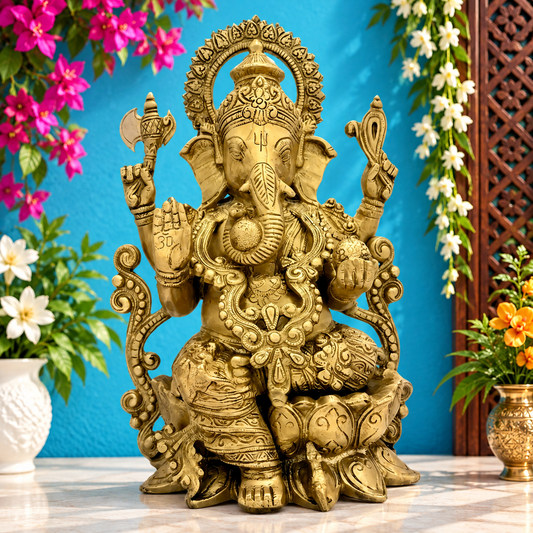 Brassaura™ Brass Big Ganesha Idol for Home and Decor | Weight 6.3 Kgs | Height 13.78 Inches