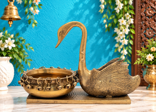 Brassaura® Brass Swan Urli Statue with Antique Brass Finish | Pure Superfine Brass Handcrafted Murti | Brass Statue for Home Temple, Pooja Room | Height 12.2 Inches | Weight 4.2 Kgs