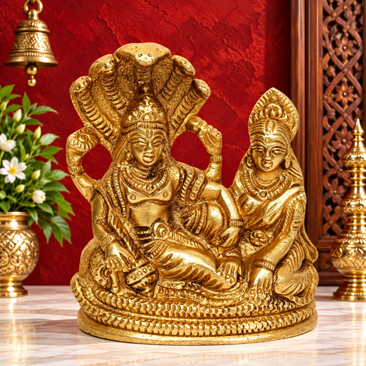 Brassaura® Vishnu Lakshmi Brass Idol | Handmade Divine Sculpture with Sheshnag Canopy | Height 4 Inches