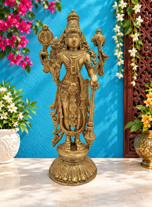 घर और सजावट के लिए पीतल की सुनहरी विष्णु भगवान मूर्ति, ऊंचाई 32 सेमी, वजन 3.5 किग्रा